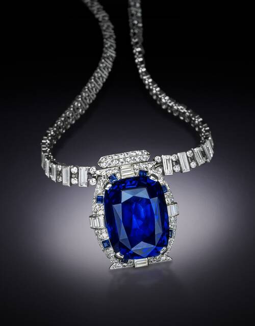 Bismarck Sapphire Necklace. A necklace featuring cushion-mixed-cut, medium-dark-blue sapphire. Described as 